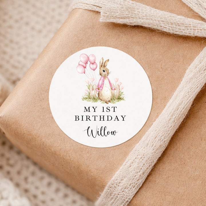 Personalised Pink Rabbit Garden 1st Birthday Stickers