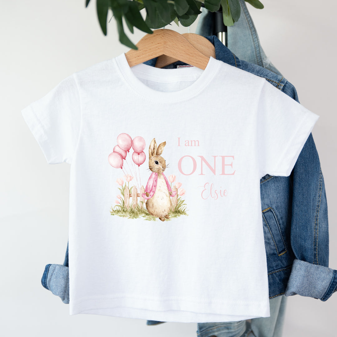 Personalised Pink Rabbit I Am One First Birthday T-Shirt