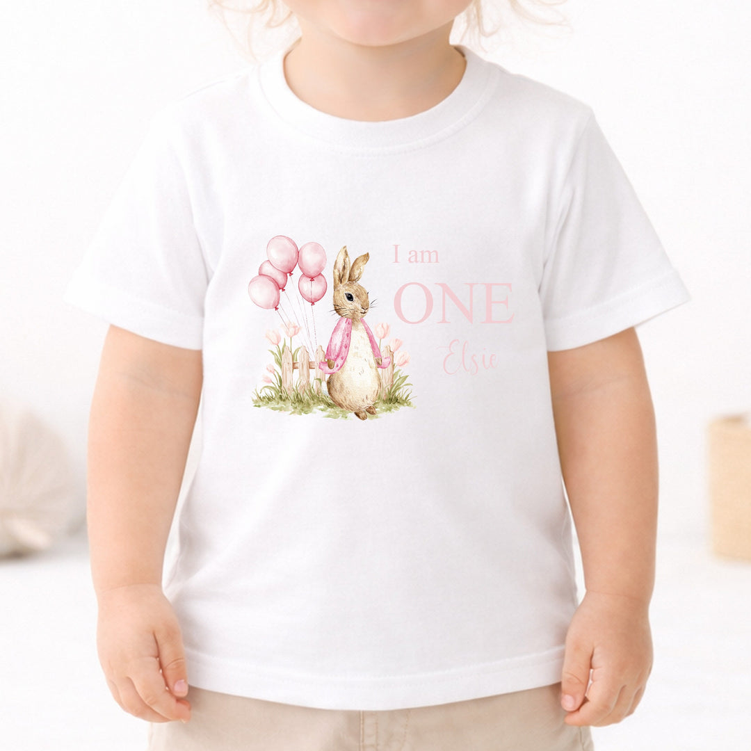 Personalised Pink Rabbit I Am One First Birthday T-Shirt
