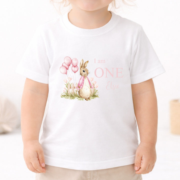 Personalised Pink Rabbit I Am One First Birthday T-Shirt