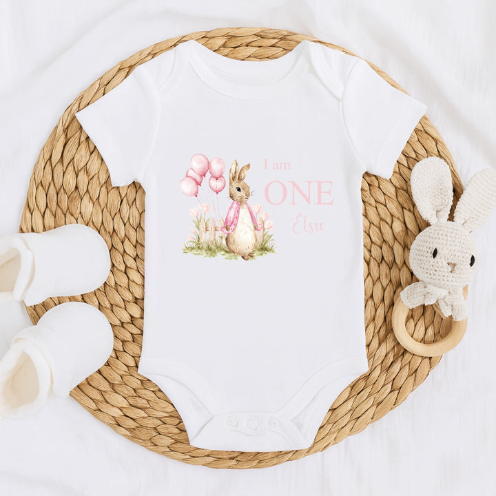Personalised Pink Rabbit I Am One First Birthday T-Shirt