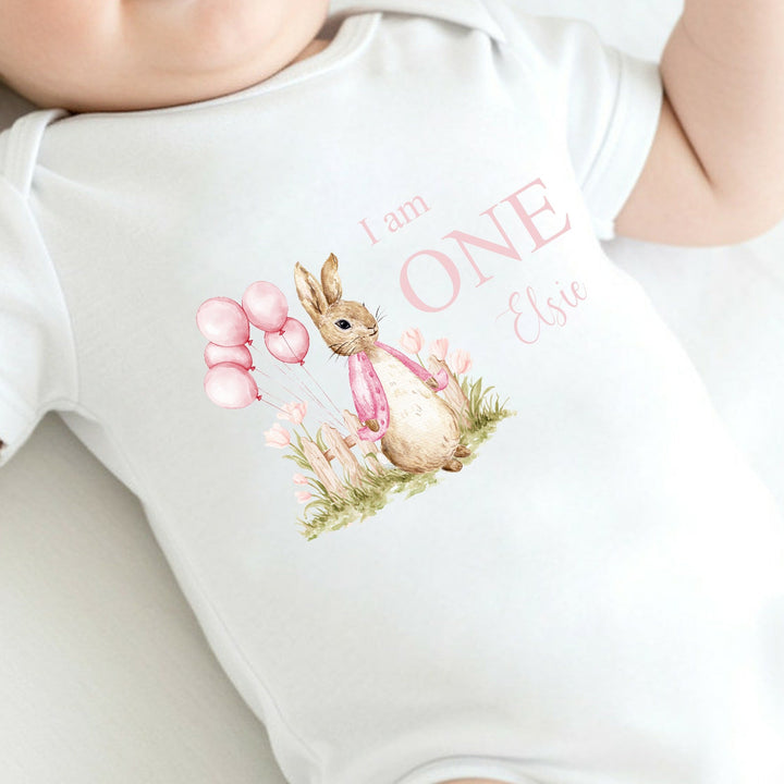 Personalised Pink Rabbit I Am One First Birthday T-Shirt