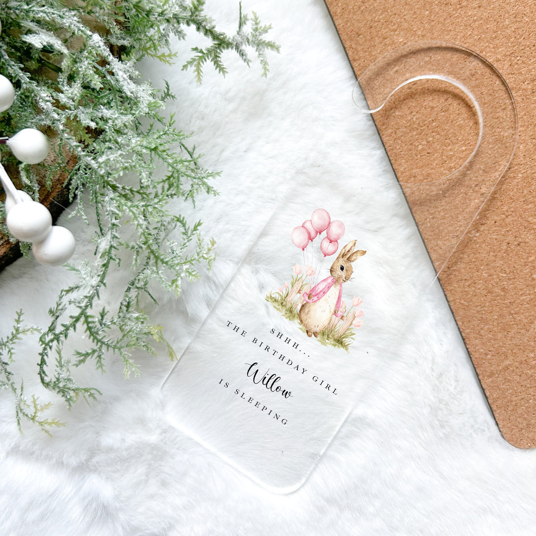 Personalised Pink Rabbit Garden The Birthday Girl Is Sleeping Door Sign