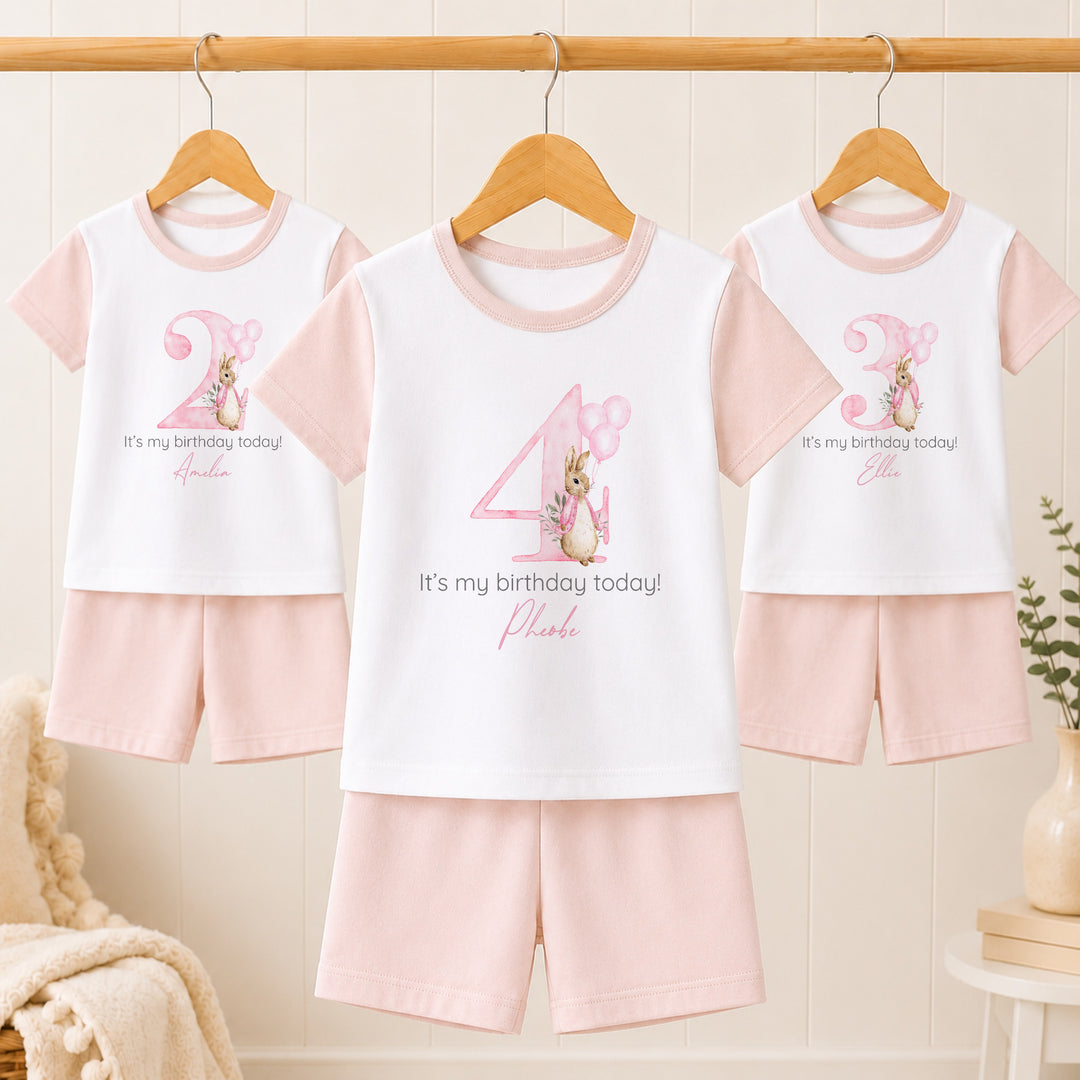 Personalised Pink Rabbit Any Age Short Sleeve Birthday Pyjamas
