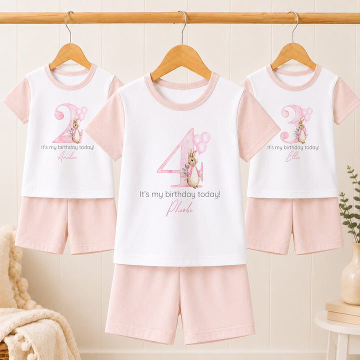 Personalised Pink Rabbit Any Age Short Sleeve Birthday Pyjamas