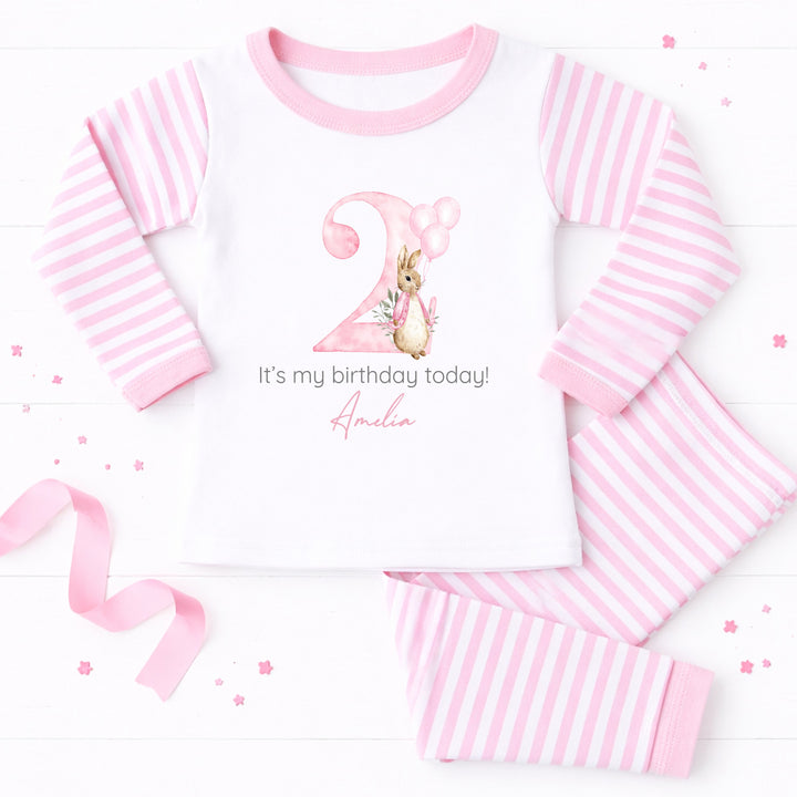 Personalised Rabbit Pink Stripe Birthday Pyjamas