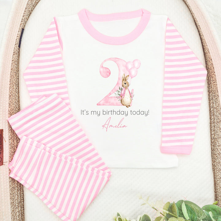 Personalised Rabbit Pink Stripe Birthday Pyjamas