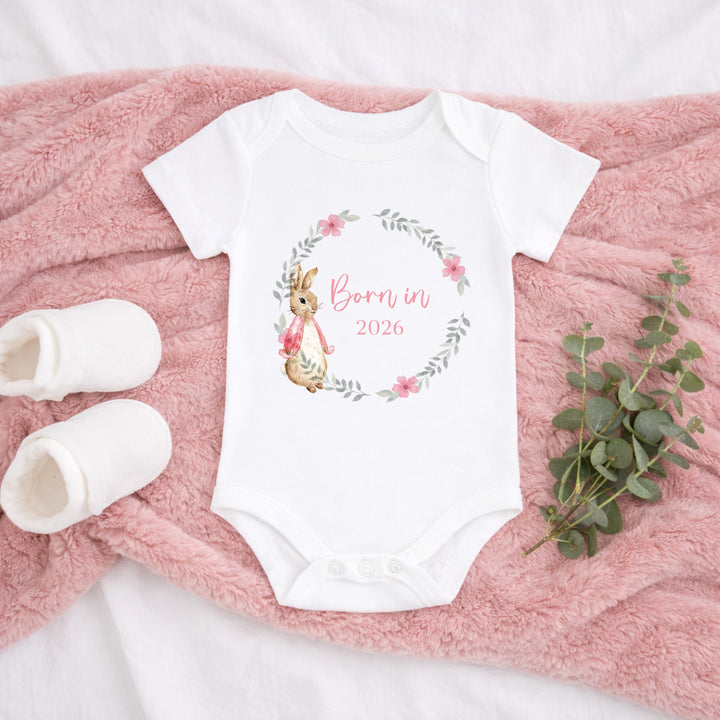 Pink Rabbit Wreath Born in 2026 Baby Grow, Vest or Bib