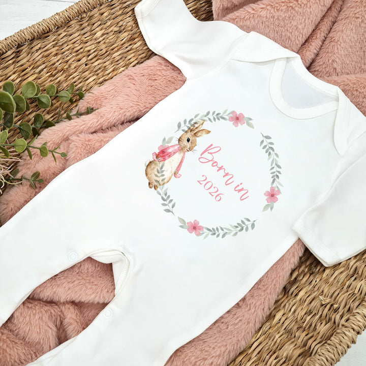 Pink Rabbit Wreath Born in 2026 Baby Grow, Vest or Bib