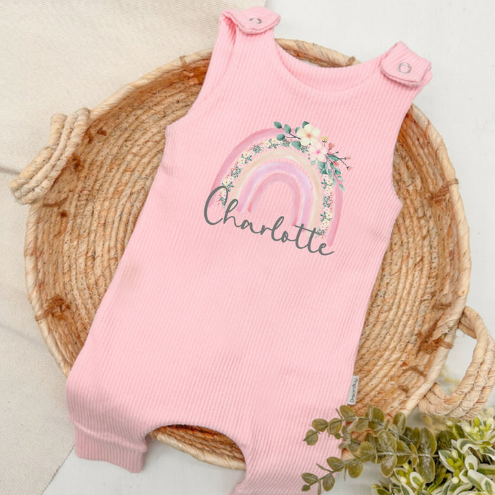 Personalised Pink Floral Rainbow Ribbed Dungarees