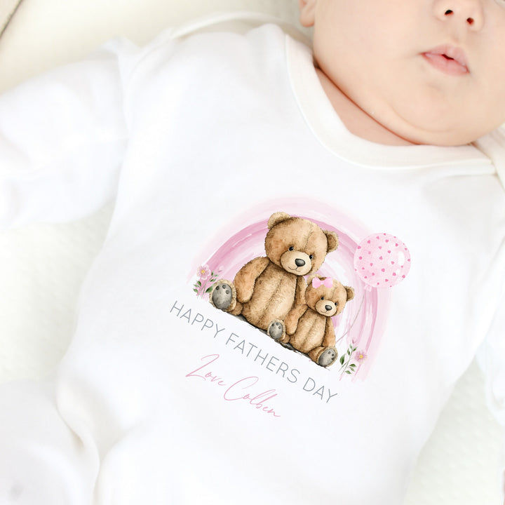 Personalised Our First Father's Day Pink Bear Rainbow Babygrow/Vest