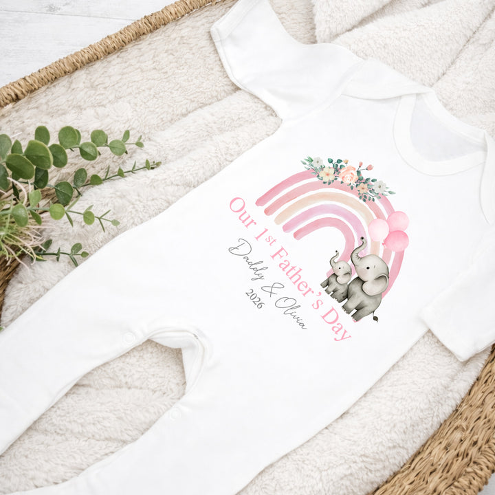 Personalised Pink Rainbow Elephants First Father's Day Baby Grow or Vest