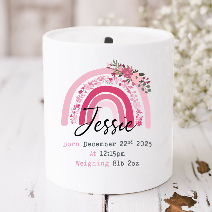 Personalised Pink Floral Rainbow Ceramic Money Box