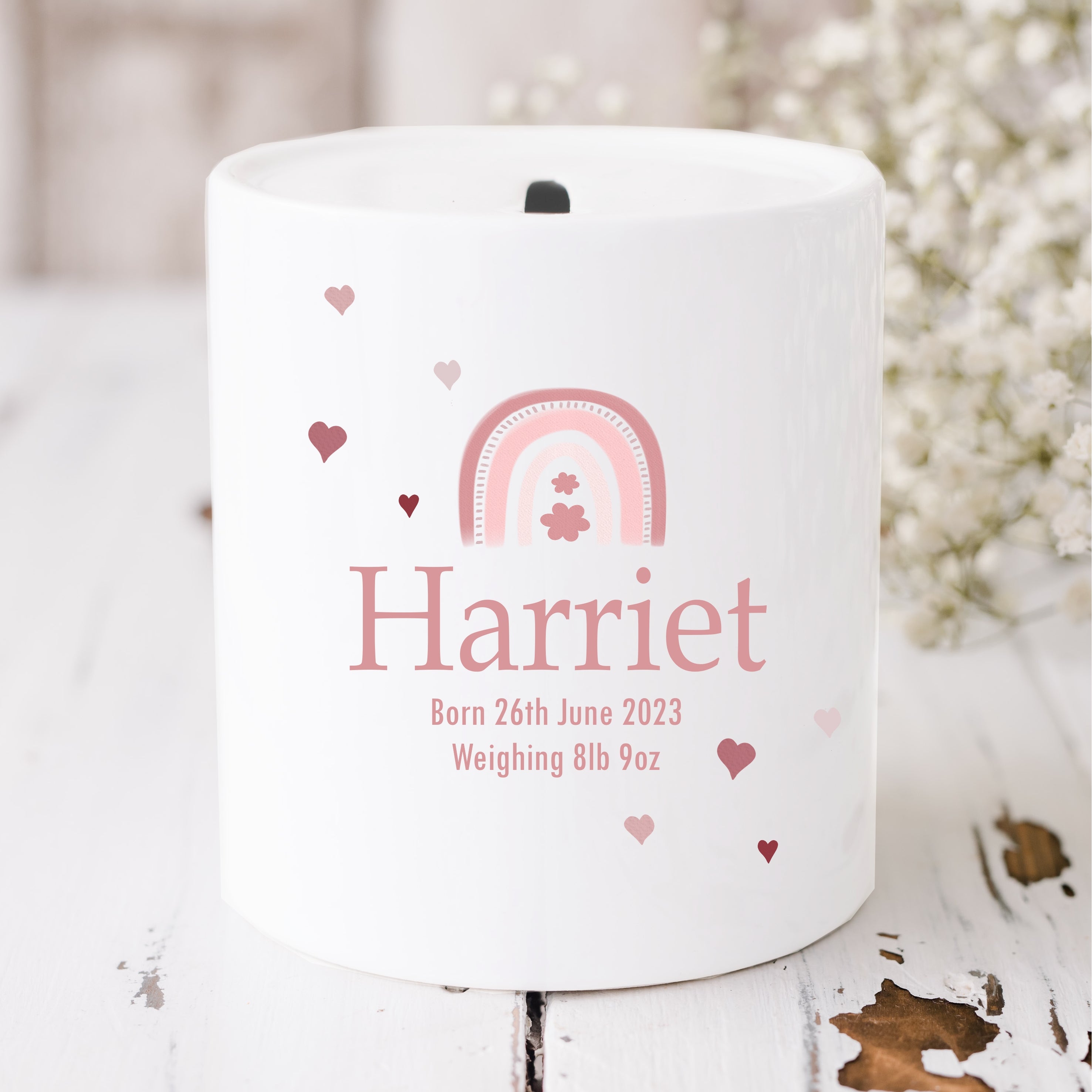Personalised Pink Rainbow Ceramic Money Box – allaboutthebump