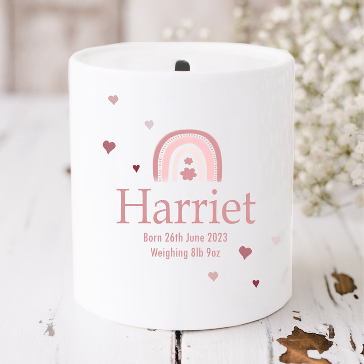 Personalised Pink Rainbow Ceramic Money Box
