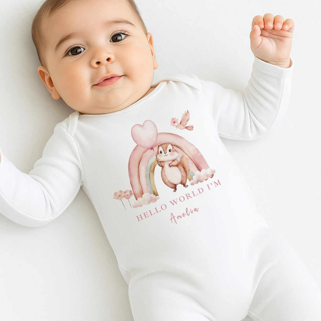 Personalised Girls Pink Rainbow Babygrow & Bunny Set