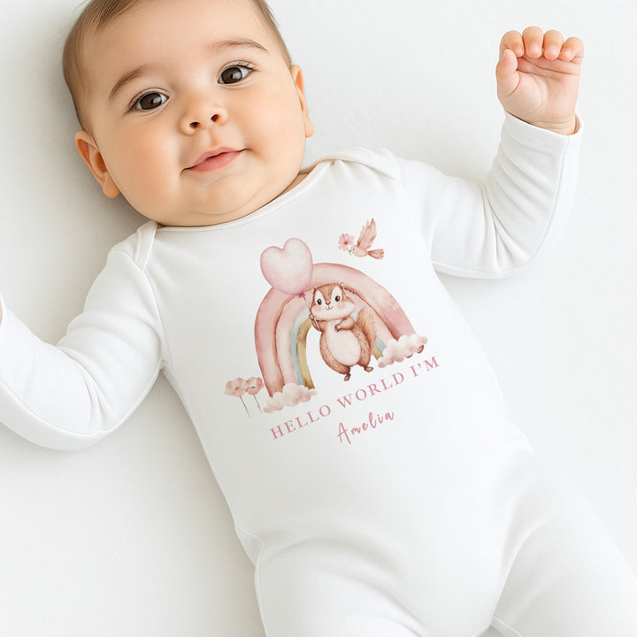 Personalised Girls Pink Rainbow Babygrow & Bunny Set