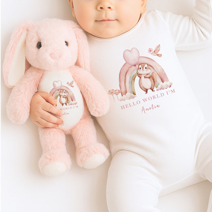 Personalised Girls Pink Rainbow Babygrow & Bunny Set