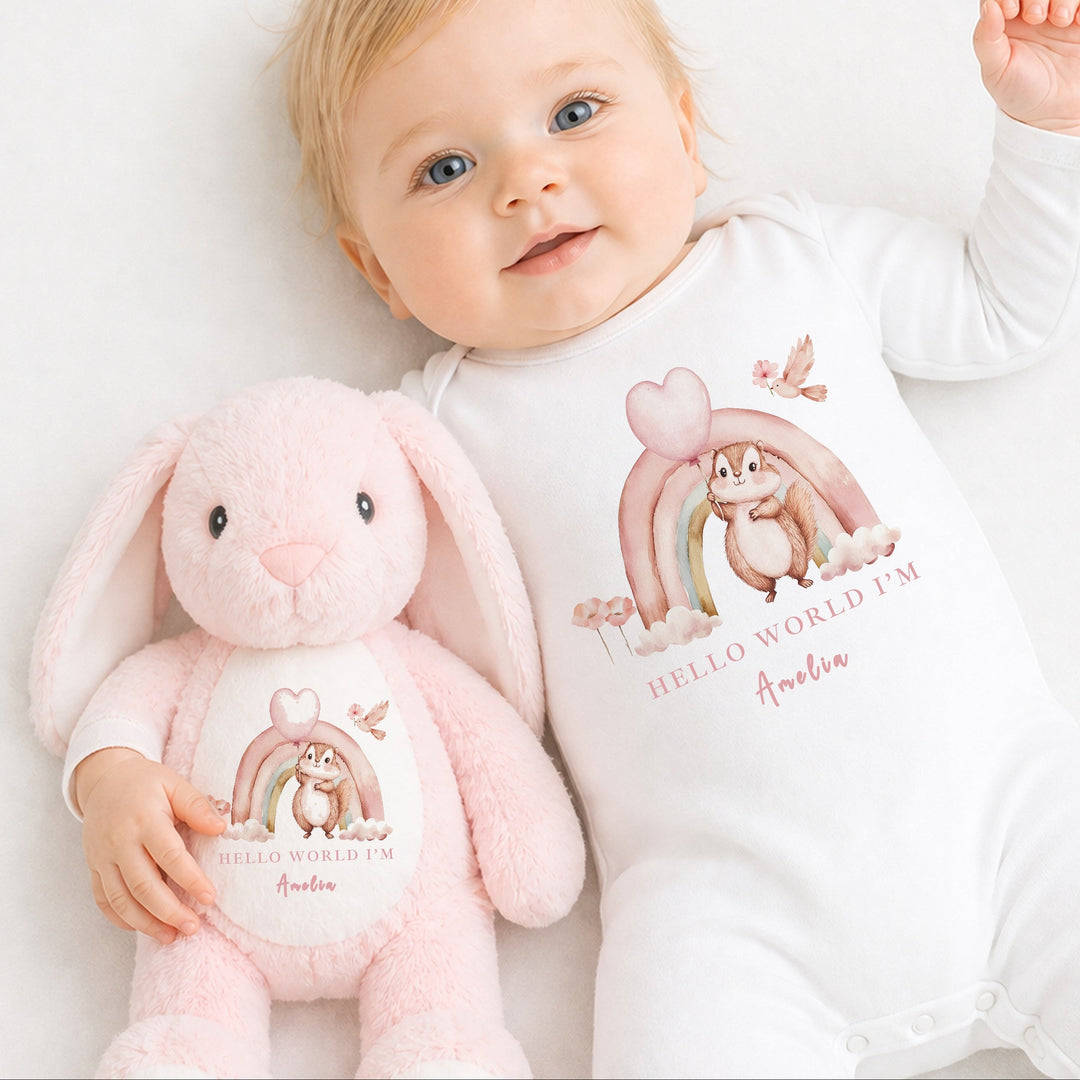 Personalised Girls Pink Rainbow Babygrow &amp; Rabbit Set