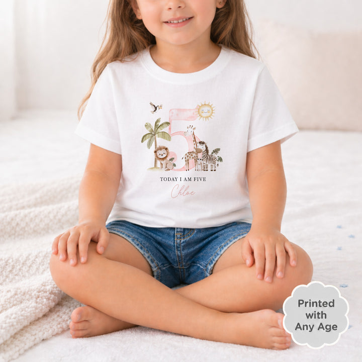 Personalised Pink Safari Any Age Birthday T-Shirt