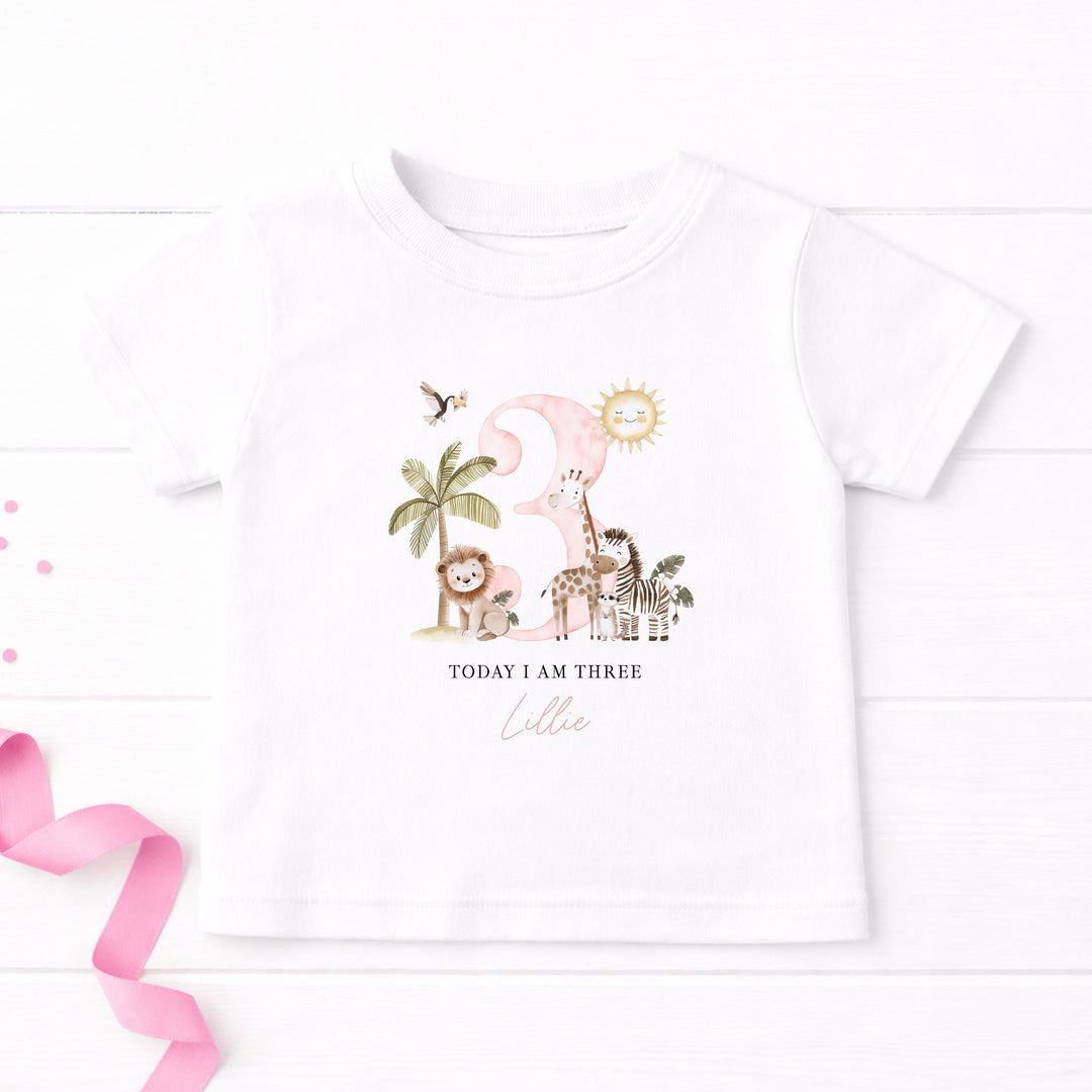 Personalised Pink Safari Any Age Birthday T-Shirt