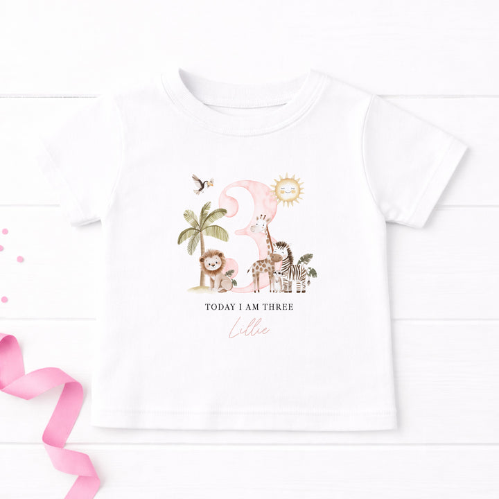 Personalised Pink Safari Any Age Birthday T-Shirt