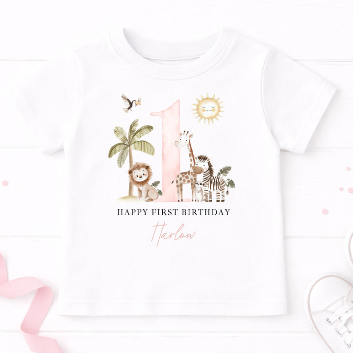 Personalised Pink Safari Today I Am One Birthday T-Shirt