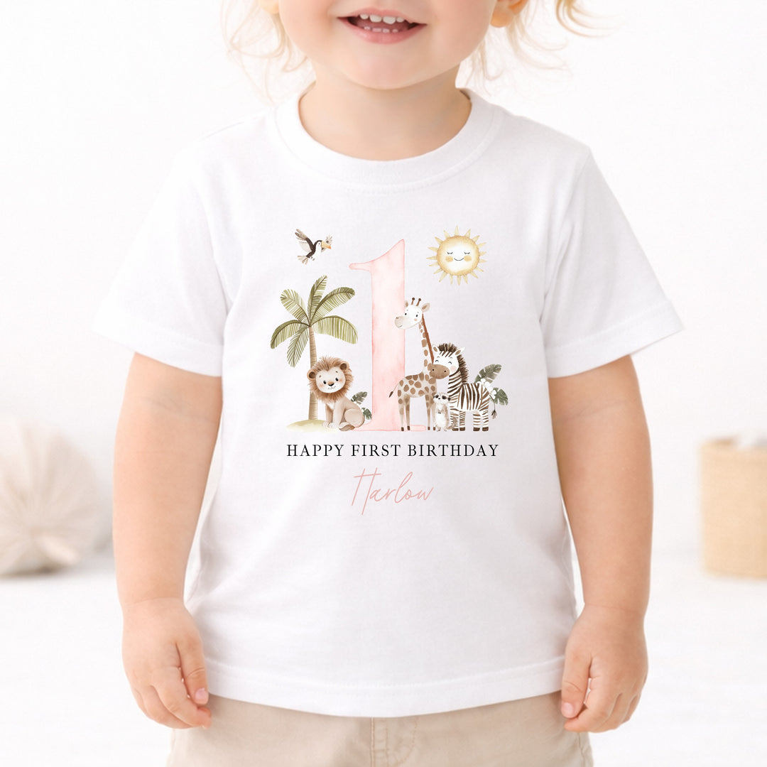 Personalised Pink Safari Today I Am One Birthday T-Shirt
