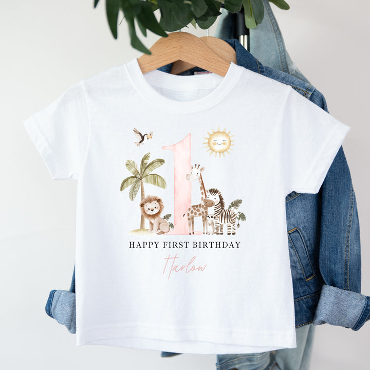 Personalised Pink Safari Today I Am One Birthday T-Shirt