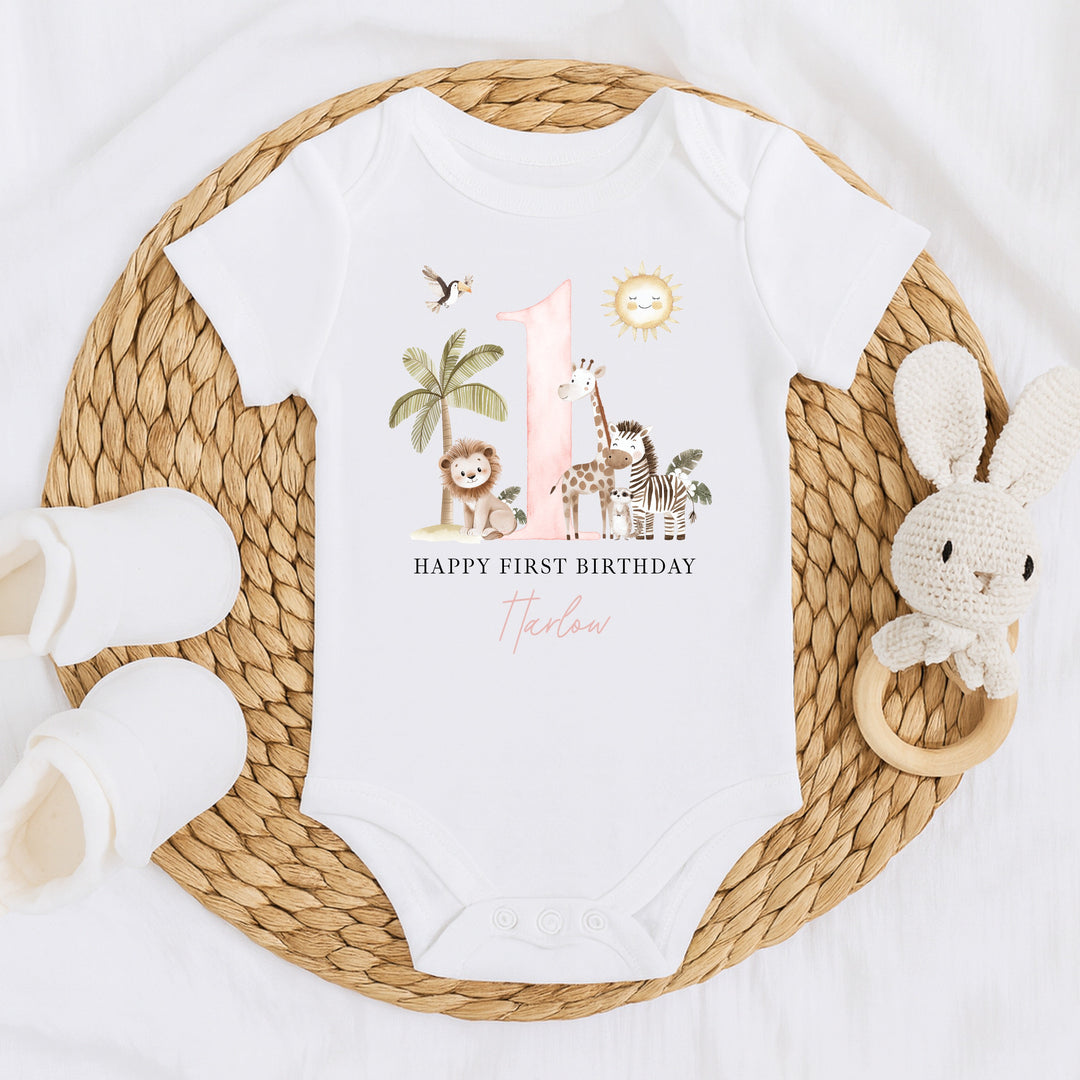 Personalised Pink Safari Today I Am One Birthday Vest