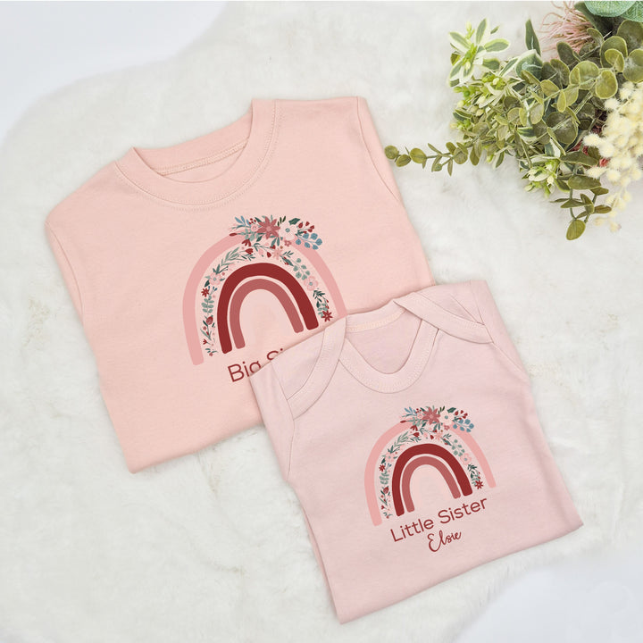 Personalised Floral Rainbow Sibling Matching Pink Babygrow/T-shirt