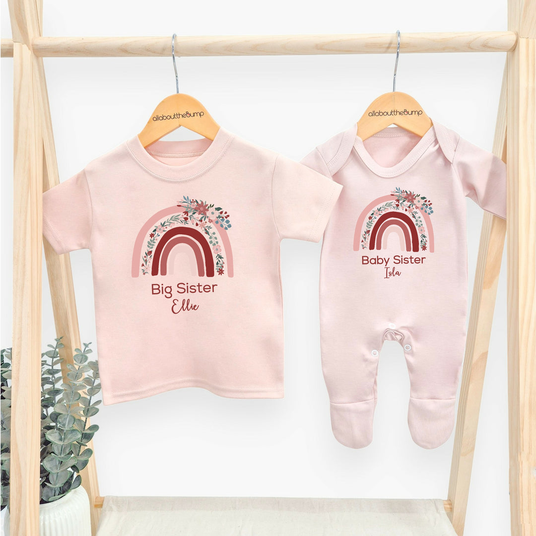 Personalised Floral Rainbow Sibling Matching Pink Babygrow/T-shirt