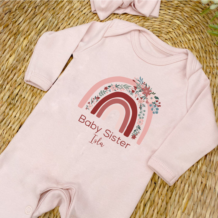 Personalised Floral Rainbow Sibling Matching Pink Babygrow/T-shirt