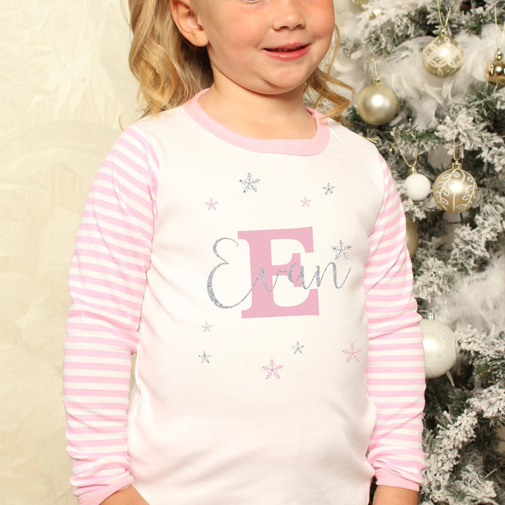 Silver Glitter Initial Pink Striped Christmas Pyjamas