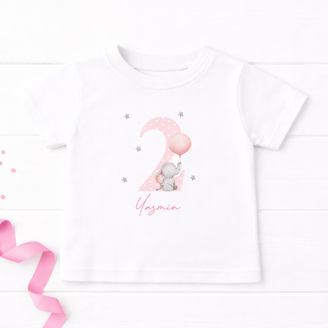 Personalised Pink Elephant Any Age Birthday T-shirt