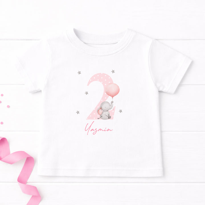 Personalised Pink Elephant Any Age Birthday T-shirt