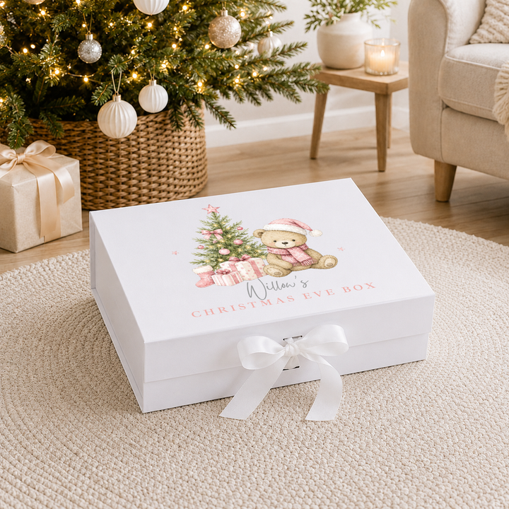 Personalised Pink Bear Tree Christmas Eve Box