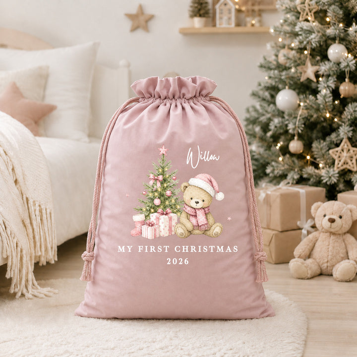 Personalised Pink Bear Tree My First Christmas Stocking or Santa Sack