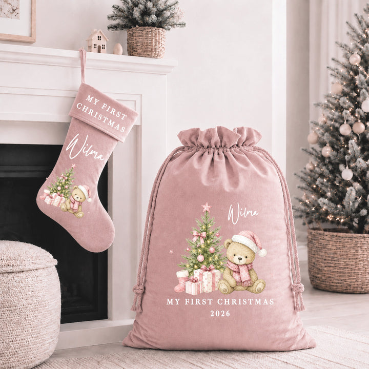 Personalised Pink Bear Tree My First Christmas Stocking or Santa Sack