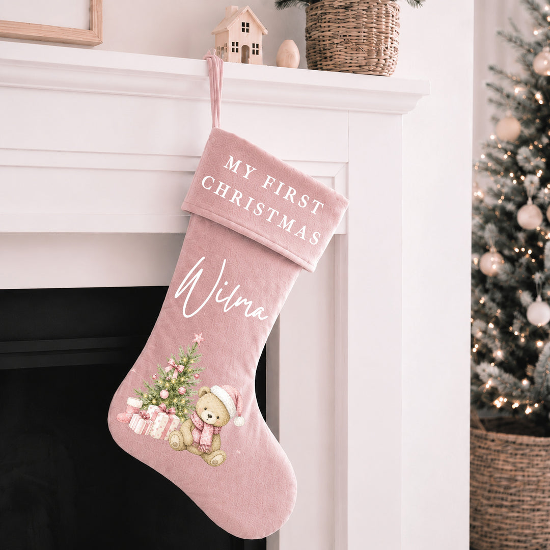 Personalised Pink Bear Tree My First Christmas Stocking or Santa Sack