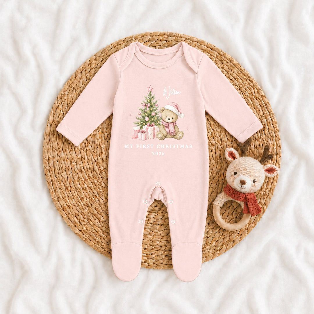 Personalised Pink Bear Tree My First Christmas Baby Grow Or Vest