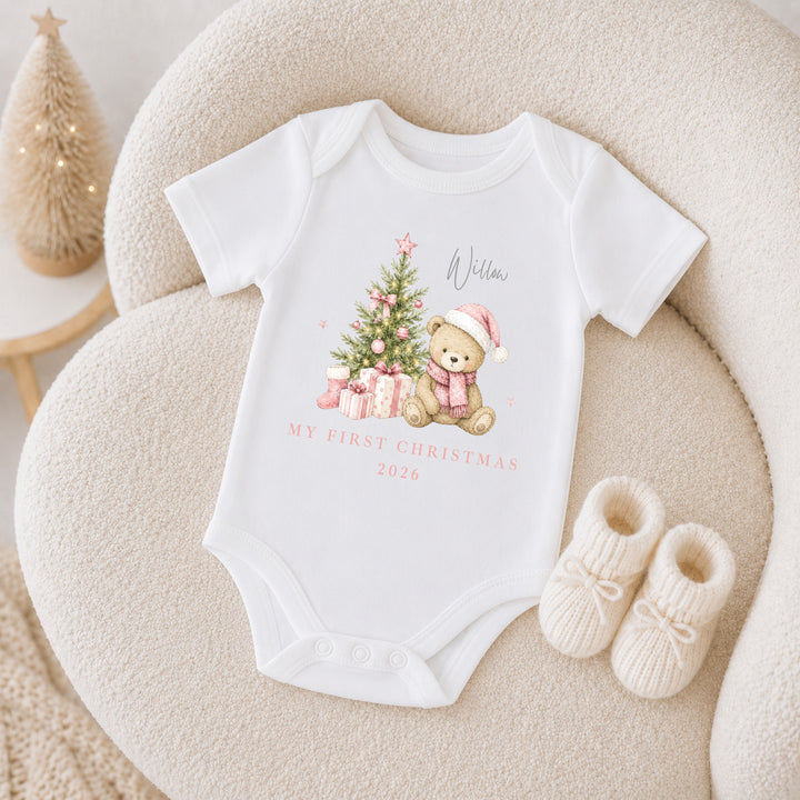 Personalised Pink Bear Tree My First Christmas Baby Grow Or Vest