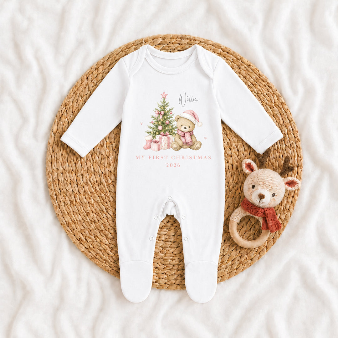 Personalised Pink Bear Tree My First Christmas Baby Grow Or Vest