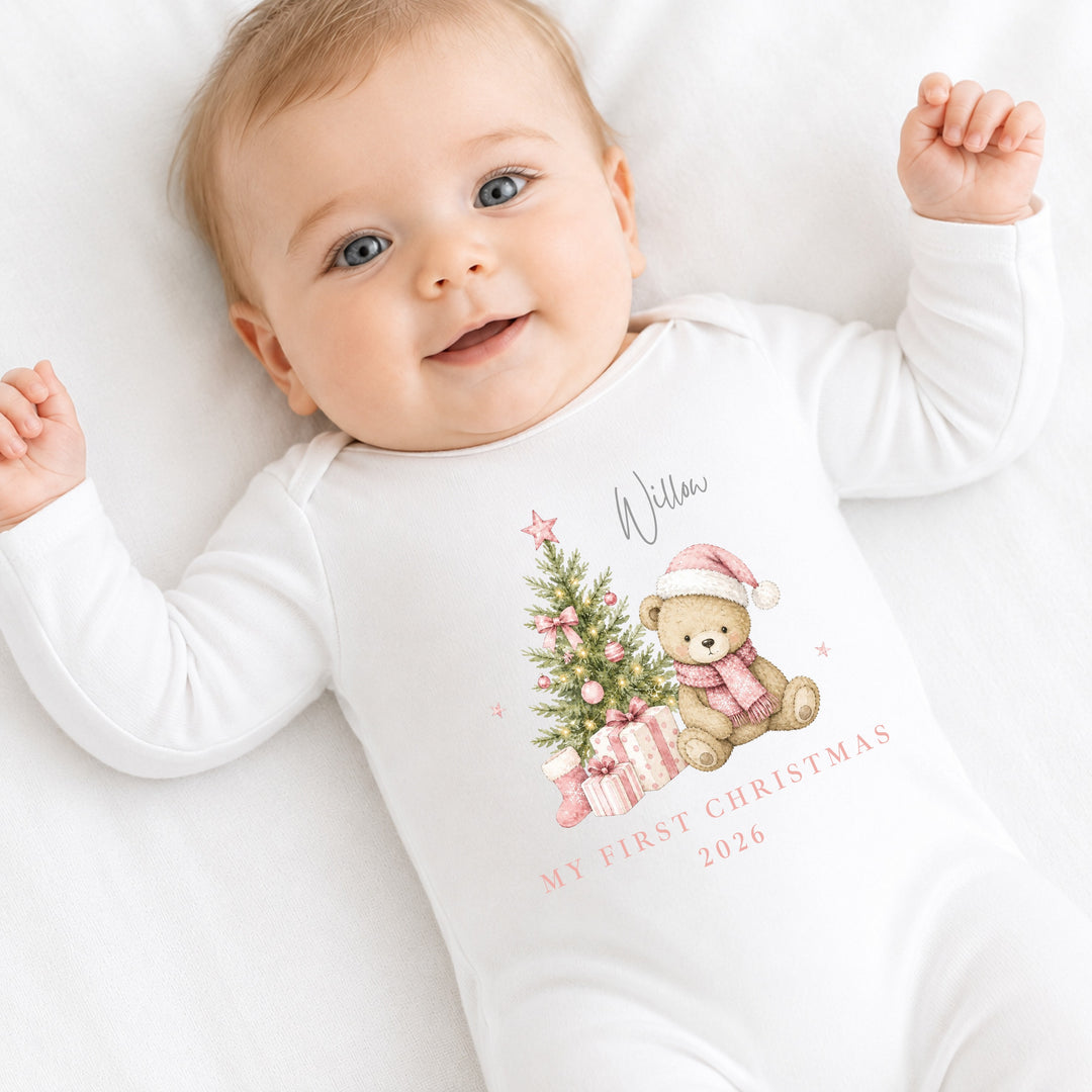 Personalised Pink Bear Tree My First Christmas Baby Grow Or Vest