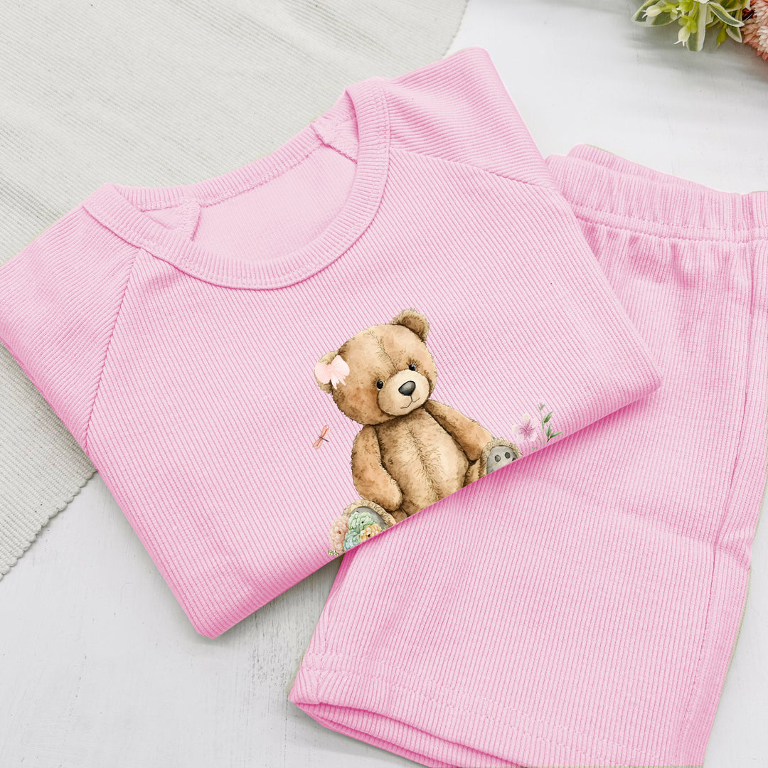 Personalised Pink Teddy Bear Ribbed Shorts Set