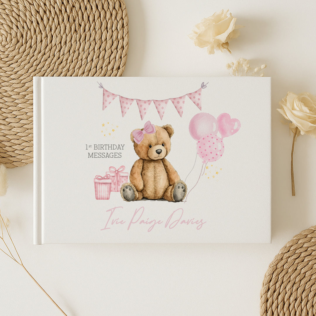 Personalised Pink Teddy Birthday Party Guest Book