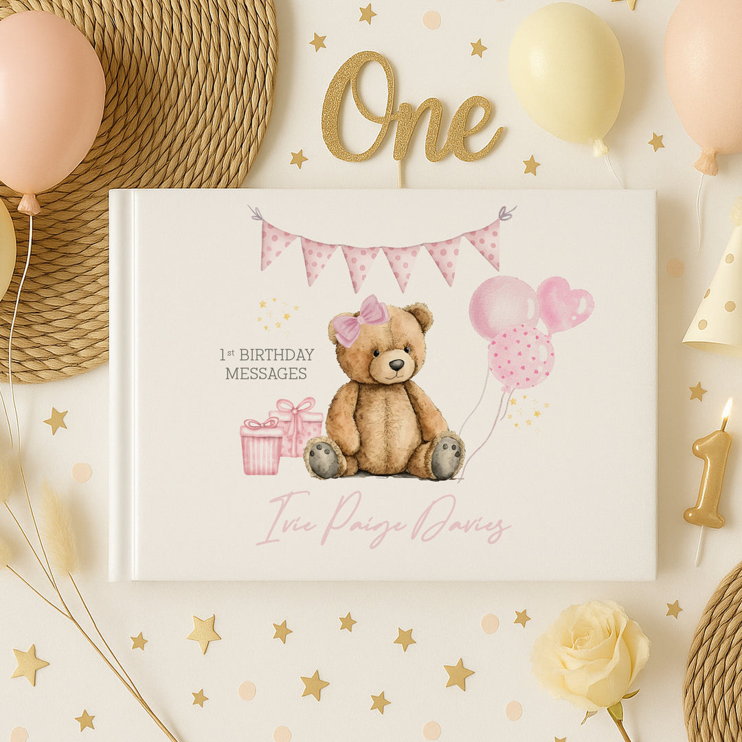 Personalised Pink Teddy Birthday Party Guest Book