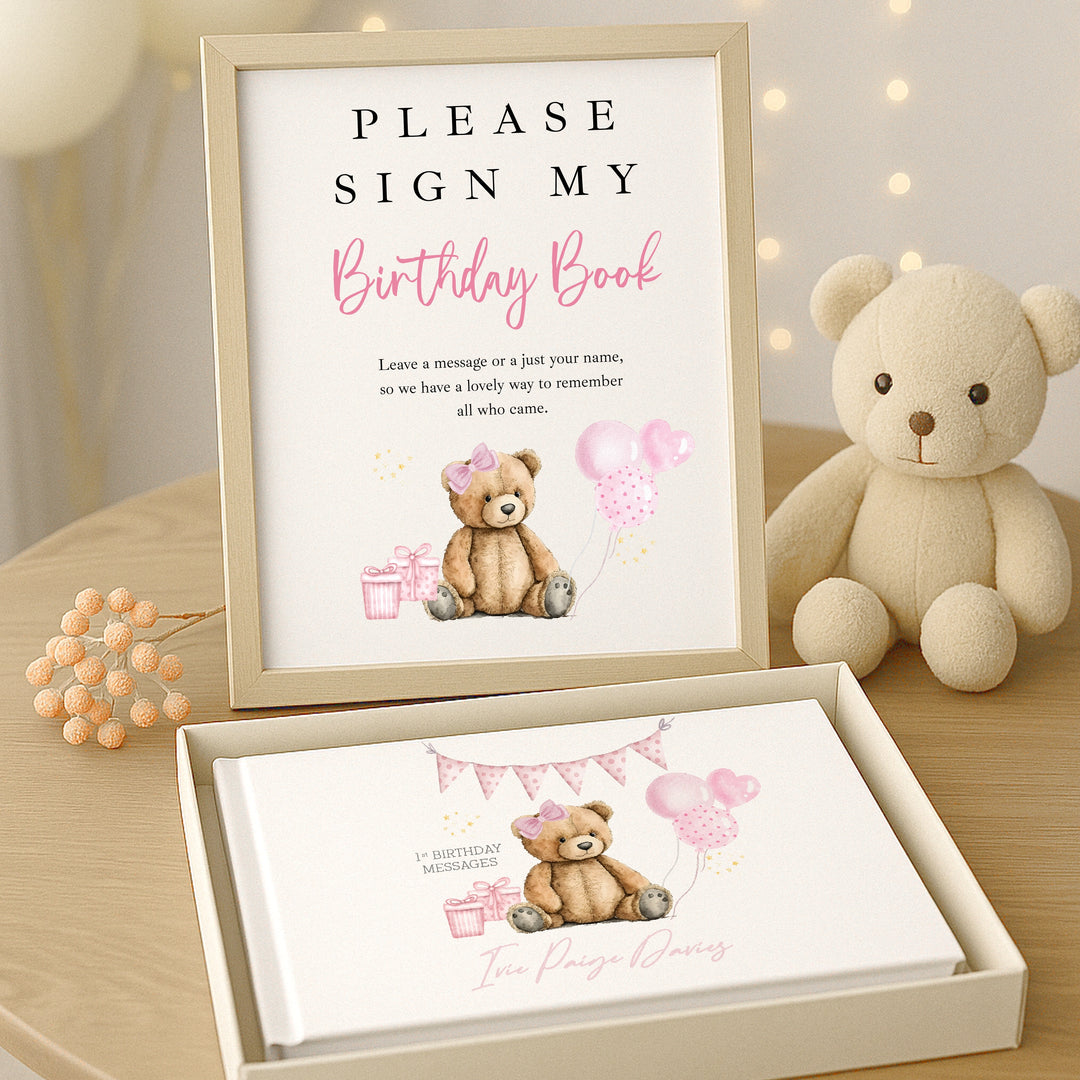 Personalised Pink Teddy Birthday Party Guest Book