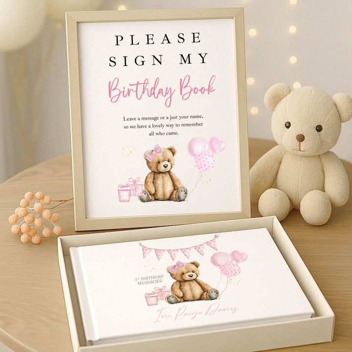 Personalised Pink Teddy Birthday Party Guest Book