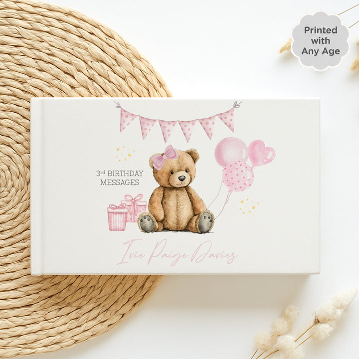Personalised Pink Teddy Any Age Birthday Party Guest Book